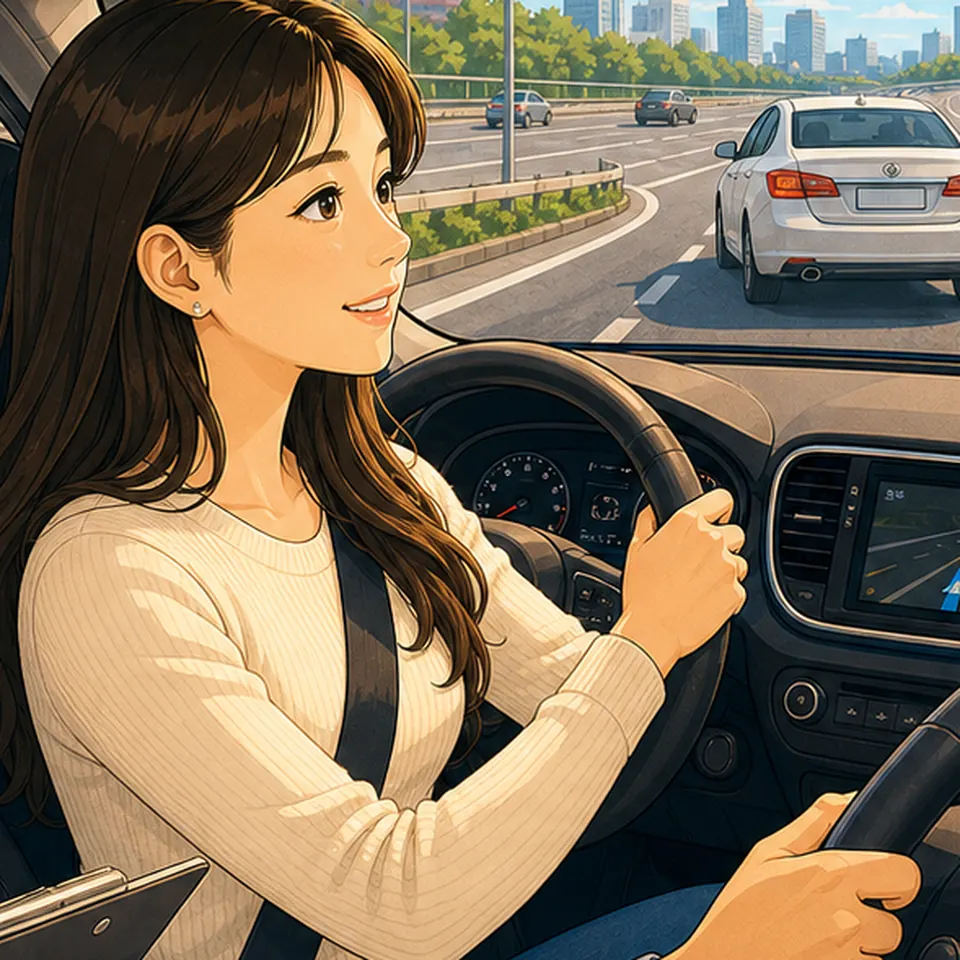 간선도로 차선 흐름을 살피는 운전자 일러스트 · 출퇴근운전연수 학습 안내용 AI 예시
