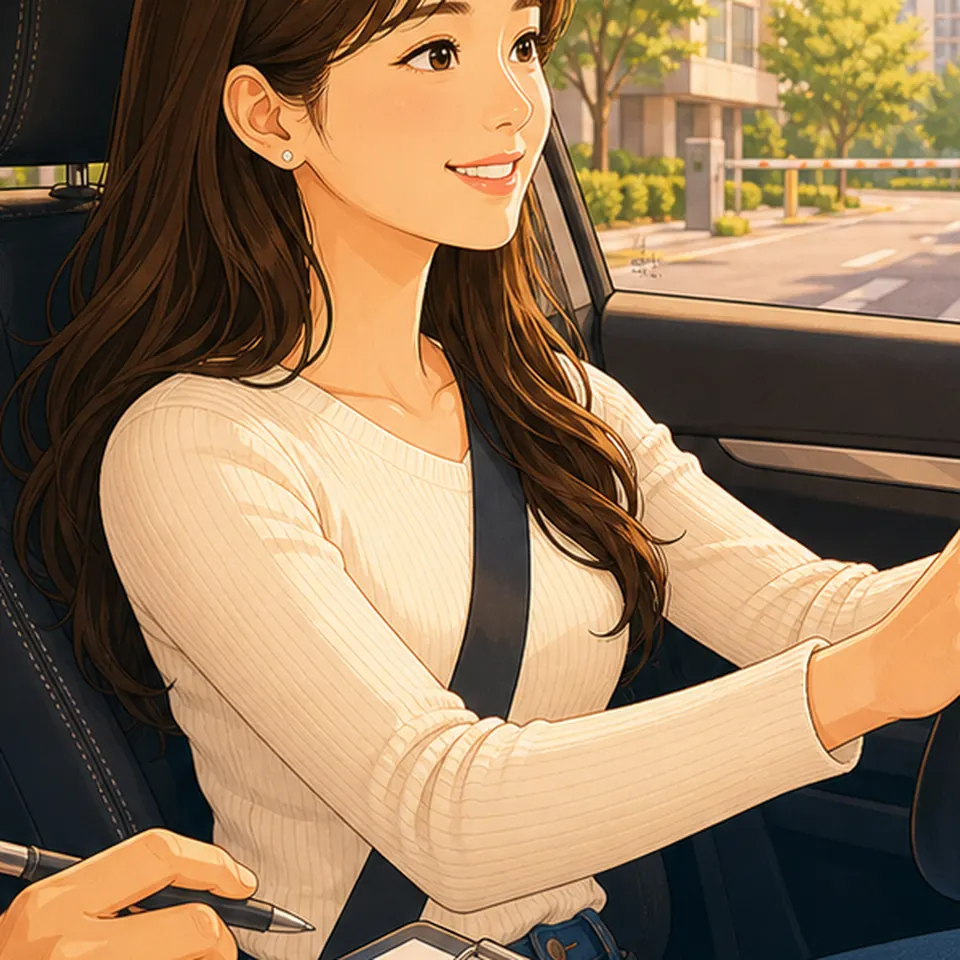 주거지 도로에서 조작 감각을 확인하는 일러스트 · 초보운전연수 학습 안내용 AI 예시